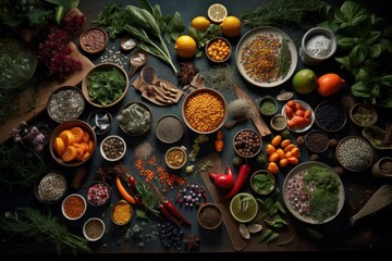 Obraz na płótnie Canvas Gourmet Herb and Spice Knolling. Generative AI Illustration of Food Cuisine
