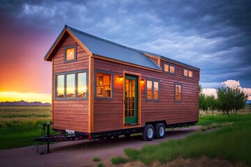 Wooden concept trailer for trips tiny house with wheels, created with generative ai