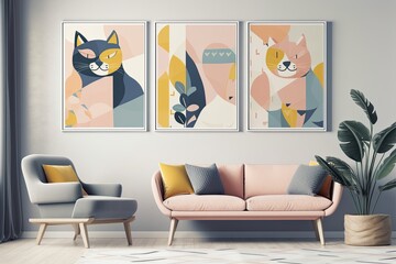 Three abstract geometric cat wall art pieces. Minimalist Illustration pastel pink, yellow, and blue décor. Kids' room decor. Generative AI