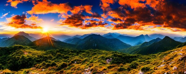 Plakat Sunset panorama in mountains national park. Forest mountains at dawn. Early morning mountain landscape. Generative AI