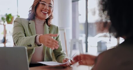 Business woman, interview and handshake in meeting for corporate growth, skills or recruitment at office. Happy female employee shaking hands of candidate in hire process for new recruit at workplace