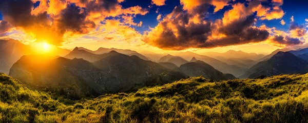 Plakat Sunset panorama in mountains national park. Forest mountains at dawn. Early morning mountain landscape. Generative AI