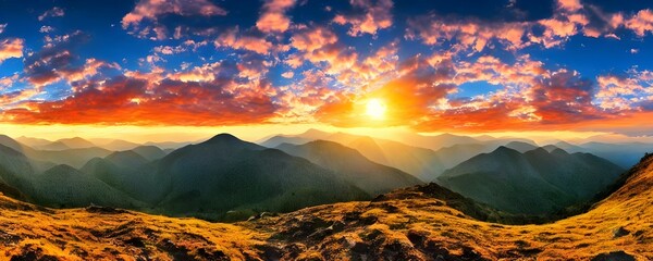 Naklejka na ściany i meble Sunset panorama in mountains national park. Forest mountains at dawn. Early morning mountain landscape. Generative AI