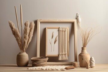 Wooden picture frame, twine thread, and boho decoration mockup. Blank beige scandinavian template. Generative AI