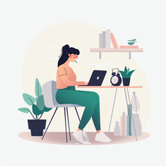 Fototapeta na wymiar Vector Flat Art of a Woman Working from Home Office on Laptop - White Background