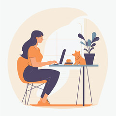 Vector Flat Art of a Woman Working from Home Office on Laptop - White Background