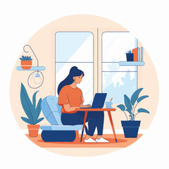 Vector Flat Art of a Woman Working from Home Office on Laptop - White Background