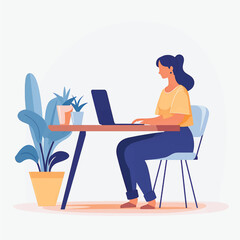 Vector Flat Art of a Woman Working from Home Office on Laptop - White Background