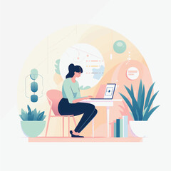 Fototapeta premium Vector Flat Art of a Woman Working from Home Office on Laptop - White Background
