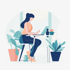 Vector Flat Art of a Woman Working from Home Office on Laptop - White Background