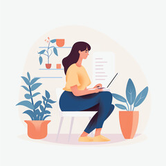 Fototapeta na wymiar Vector Flat Art of a Woman Working from Home Office on Laptop - White Background
