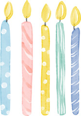 cute watercolour variety of colourful pastel birthday party candles hand painting illustration