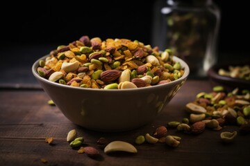 a bowl filled with a mix of crunchy almonds and buttery pistachios