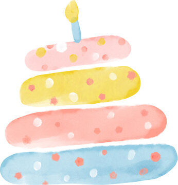 cute watercolour colourful pastel birthday party cake with candle hand painting illustration
