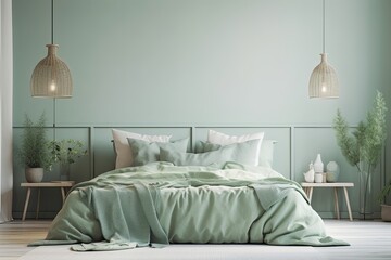 Pastel green bedroom with bed and light. Light background with copyspace. website, presentation, or photo backdrop. Generative AI - obrazy, fototapety, plakaty