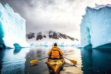 Solo journey through icy lake on canoe winter kayaking in Antarctica, created with generative ai