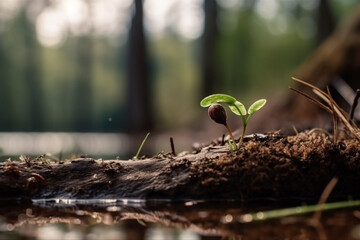 Plant seed in the forest growing, natural environment concept for Earth day. Generative AI