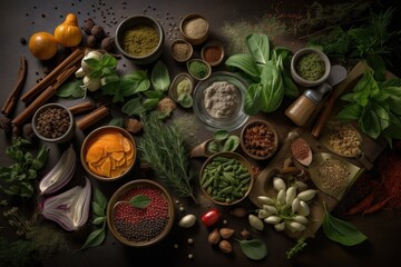 Fototapeta na wymiar Gourmet Herb and Spice Knolling. Generative AI Illustration of Food Cuisine