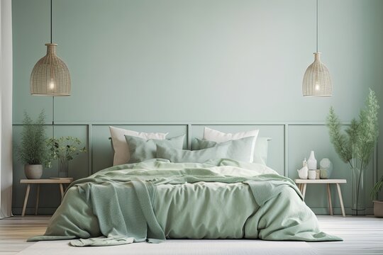 Pastel green bedroom with bed and light. Light background with copyspace. website, presentation, or photo backdrop. Generative AI