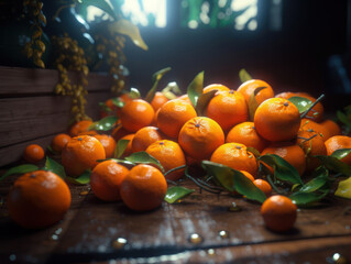 Beautiful organic background of freshly picked mandarines created with Generative AI technology