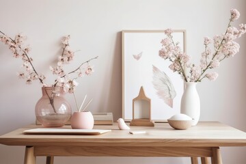 Home desk with vase, bird, and picture frame. Hygge, bohemian, Scandinavian living room. Generative AI