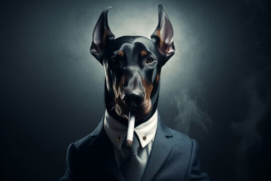 blue gray doberman pinscher wearing a suit smoking cigar, gangster look,  Generative AI
