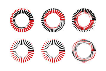 Red and black vector illustration shows a group of circular shapes that are depicted with a spiral line that flows outward from the center