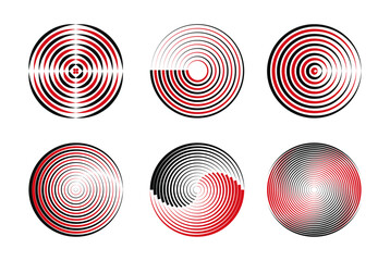 A set of red and black lines in a circular, spiral shape vector illustration for graphic designing of a round logo, design, or emblem with a technological theme.