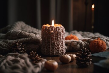blazing candle, pine cone, and comfortable crocheted blanket. Generative AI