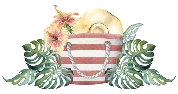 Hand drawn watercolor composition. Striped beach bag, straw sun hat, exotic hibiscus flower Isolated on white background. Design wall art, wedding, print, fabric, cover, card, tourism, travel booklet.