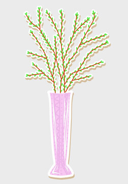 Willow branches in a vase. Easter composition. Tall vase with willow seals.
