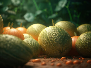 Beautiful organic background of freshly picked melons created with Generative AI technology