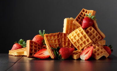 Belgian waffles with strawberries on a black background.