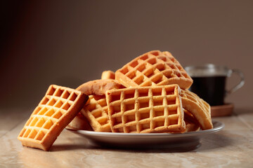 Belgian waffles and black coffee on a brown ceramic table.