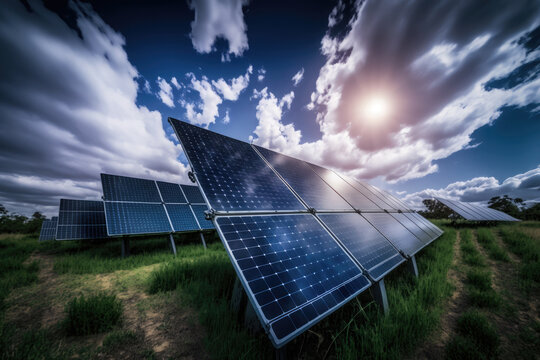 Solar panels in green nature at sky with clouds background AI generated