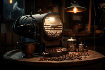 Käffeerösterei mit frischem Kaffee und spannende Beleuchtung, Generate Ai