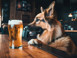 dog with beer, amusing pet photo, animal celebration, generative AI
 - obrazy, fototapety, plakaty