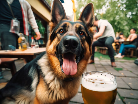 dog with beer, amusing pet photo, animal celebration, generative AI
