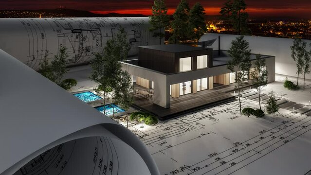 Planung eines Einfamilienhauses mit Dachterrasse und Swimmingpool bei Abendbeleuchtung (Stadtpanorama von Budapest im Hintergrund) - 3D Visualisierung mit Video-Hintergrund in Endlosschleife