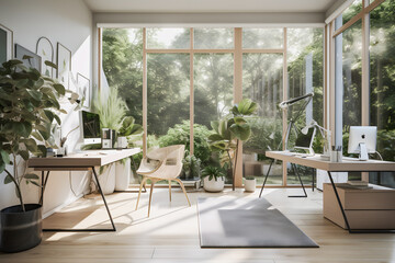 Modernist Home Office Interior Design with Natural Light, Plants, and Modern Furniture for a Productive Work Environment