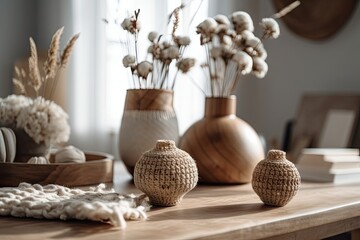 Wooden table, desk, or shelf close up with ceramic vases with cotton flowers over wooden living room with rattan furniture, boho interior design idea,. Generative AI