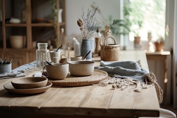 Fototapeta na wymiar Blurred backdrop, wooden rural dinner table with setup. Potted plants, jute carpet. Scandinavian bohemian decor. Plan, top,. Generative AI