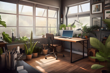 Modernist Home Office Interior Design with Natural Light, Plants, and Modern Furniture for a Productive Work Environment
