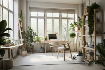 Fototapeta na wymiar Modernist Home Office Interior Design with Natural Light, Plants, and Modern Furniture for a Productive Work Environment