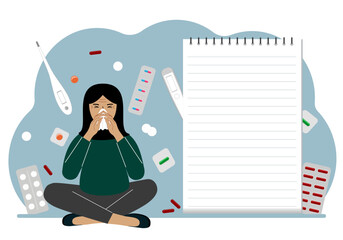 A sick woman with a runny nose holds a handkerchief. Nearby there are a lot of medicines, pills, thermometers and a large notebook for notes.