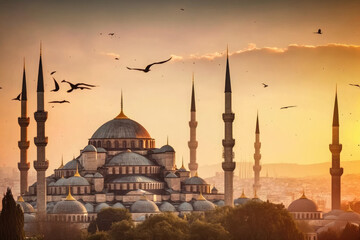 Obraz premium Exterior of muslim mosque in traditional design colorful style with arabic ornaments AI generated