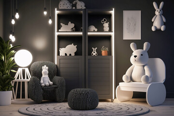 Modern childrens room with white furniture, clean minimalistic interior design. Super photo realistic background. Generative ai illustration