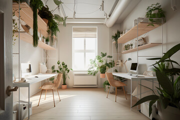 Modernist Home Office Interior Design with Natural Light, Plants, and Modern Furniture for a Productive Work Environment