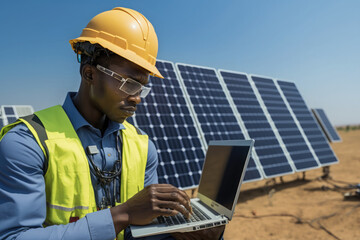 AI generated engineer man working with solar panels wind power turbines against blue sky background