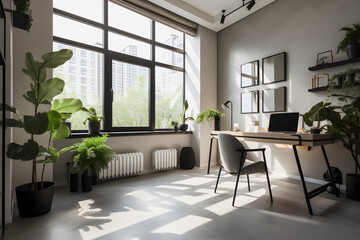 Modernist Home Office Interior Design with Natural Light, Plants, and Modern Furniture for a Productive Work Environment